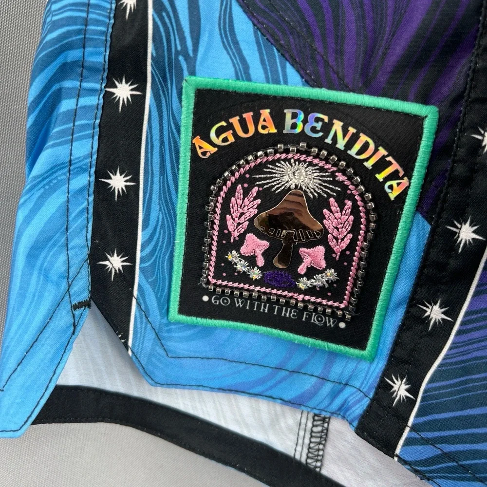 Agua Bendita Mens Swim Trunks Blue Purple Wave Print Star Tape Isaac Eter 28 New